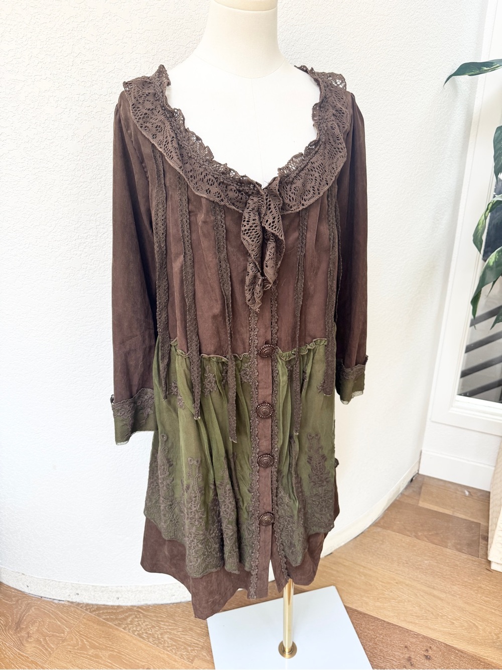 NWT Pretty Angel Fairy 🧚🏻 Olive Green Brown Layered Lace Tunic Mini Dress XL - Picture 3 of 6